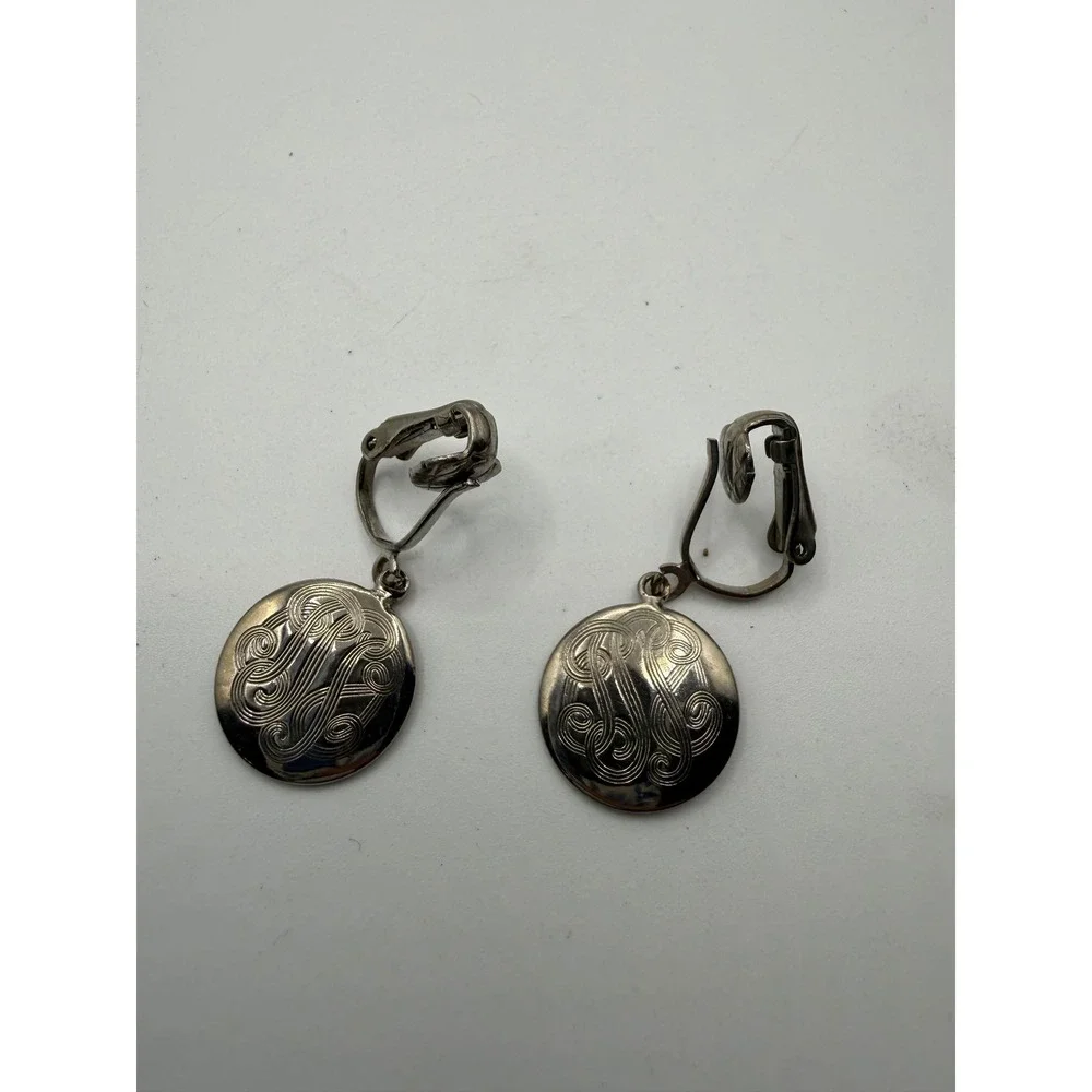 Vintage Silver Tone Etched Scroll Round Dangle Clip On Earrings Classic‎ Retro